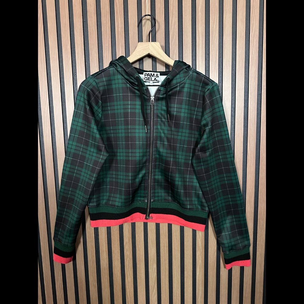 Pam & Gela Sweater XS Womens Green Stewart Hooded Plaid Cropped Track Hoodie